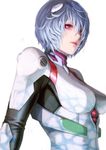  ayanami_rei bad_id bad_pixiv_id bangs blue_hair bodysuit breasts face from_side hair_ornament hair_over_one_eye large_breasts lips looking_at_viewer neon_genesis_evangelion parted_lips pilot_suit plugsuit purple_eyes realistic short_hair simple_background solo ueda_toraji upper_body wet wet_clothes wet_hair white_background white_bodysuit 