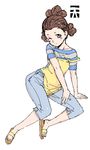  apron blush brown_hair denim fuguta_sazae jeans kuontendou oekaki one_eye_closed pants sandals sazae-san short_hair simple_background sitting solo white_background yokozuwari 