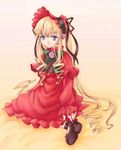  blonde_hair blue_eyes bonnet dress drill_hair expressionless koizumi_rei long_hair long_sleeves red_dress rozen_maiden shinku sidelocks simple_background sitting solo twintails very_long_hair yellow_background 