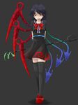  black_hair black_legwear blue_wings dress haruba_negi highres houjuu_nue naughty_face red_wings snake solo thighhighs tongue touhou weapon wings zettai_ryouiki 