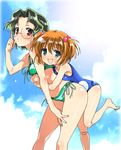  bad_id bad_pixiv_id bandaid bandaid_on_knee barefoot bikini blue_eyes blush brown_hair fang glasses green_hair hair_bobbles hair_ornament highres hug kasuga_souichi kataoka_yuuki multiple_girls one-piece_swimsuit red_eyes saki school_swimsuit short_hair side-tie_bikini someya_mako swimsuit two_side_up 