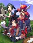  2girls armor bikini_armor blush boots chinese_clothes coffin dragon_quest dragon_quest_iii elbow_gloves fighter_(dq3) gloves multiple_girls nature roto satou_toshiyuki shoulder_pads sitting soldier_(dq3) thighhighs 