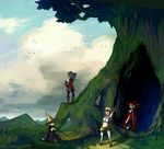  3boys arc_(ff3) bad_id bad_pixiv_id bandana black_mage blonde_hair boots cape cloud day final_fantasy final_fantasy_iii forest gloves hat ingus kutizusamu long_hair luneth midriff multiple_boys nature navel orange_hair ponytail red_mage refia sitting sky smile standing stretch thief_(final_fantasy) tree warrior_(final_fantasy) witch_hat 