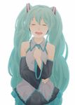  aqua_hair as_tru bloom clenched_hand closed_eyes detached_sleeves hand_on_own_chest hatsune_miku long_hair necktie simple_background skirt smile solo tears twintails very_long_hair vocaloid white_background 