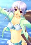  bikini breasts brown_eyes cleavage frilled_bikini frills innertube medium_breasts navel open_clothes open_shirt original polka_dot polka_dot_bikini polka_dot_swimsuit purple_hair shirt solo swimsuit yoshino_ryou 