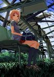  blonde_hair dragon grass hoippu legs orange_eyes original school_uniform short_hair sitting solo 