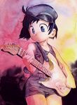  black_hair blue_eyes child copyright_request guitar hat instrument satou_toshiyuki short_hair shorts solo 
