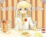  blonde_hair blue_eyes blush butter chair eating flower food kuma_(persona_4) male_focus persona persona_4 rose shirt solo waffle 