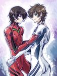  ayanami_rei ayanami_rei_(cosplay) bodysuit brown_hair code_geass cosplay crossdressing green_eyes kururugi_suzaku lelouch_lamperouge multiple_boys neon_genesis_evangelion plugsuit souryuu_asuka_langley souryuu_asuka_langley_(cosplay) touya_(roukaku) white_bodysuit 