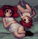  bed blush brown_hair child lying multiple_girls original panties pillow red_hair satou_toshiyuki short_hair socks underwear 