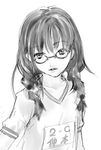  braid copyright_request glasses greyscale lips monochrome okazaki_takeshi solo twin_braids 