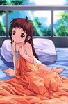  barefoot bed bed_sheet blush brown_eyes brown_hair camisole child long_hair lowres morning original satou_toshiyuki solo 