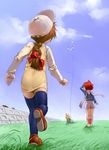  ass braid brown_hair cloud day field hat multiple_girls nature original red_hair satou_toshiyuki scarf sky thighhighs 