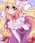  blonde_hair bow breasts chigo cleavage elbow_gloves gloves hair_bow hat large_breasts long_hair purple_eyes smile solo touhou v white_gloves yakumo_yukari 