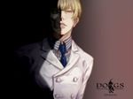  bifanghuanshi blonde_hair copyright_name dated dogs:_bullets_&amp;_carnage double-breasted dual_persona formal giovanni_(dogs) highres logo male_focus necktie skull solo suit yellow_eyes 