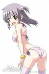  bikini bracelet breasts hair_bobbles hair_ornament hayate_no_gotoku! jewelry looking_at_viewer medium_breasts open_mouth purple_hair red_eyes segawa_izumi short_hair side-tie_bikini side_ponytail smile solo source_request swimsuit thighhighs twintails white_background white_legwear 