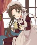  alternate_costume apron ayanami_(kantai_collection) bad_id bad_pixiv_id blush brown_hair chiyu_(cotoritori) cup curtains enmaided green_eyes hat kantai_collection long_sleeves looking_at_viewer maid mob_cap puffy_sleeves side_ponytail sketch solo teacup teapot tray twitter_username window 