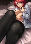  ayakumo black_legwear blazer breasts frilled_pillow frills highres horikawa_raiko jacket large_breasts leg_up long_sleeves looking_at_viewer lying midriff no_pants no_shirt on_back open_blazer open_clothes open_jacket pantyhose pillow red_eyes red_hair smile solo touhou 