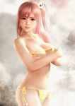  1girl beach bikini breasts covering covering_breasts dead_or_alive dead_or_alive_5 dead_or_alive_5_last_round honoka_(doa) large_breasts official_art pink_hair swimsuit yellow_bikini 