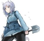  animal_ears arms_behind_back aurora_e_juutilainen black_legwear long_hair long_sleeves military military_uniform panties panties_under_pantyhose pantyhose purple_eyes shiraba_(sonomama_futene) shovel silver_hair simple_background smile solo tail tonttu underwear uniform white_background wolf_ears wolf_tail world_witches_series 