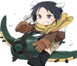  aircraft airplane animal animal_ears bandaid bandaid_on_face black_hair blue_eyes blush boots brave_witches brown_gloves bulldog chibi dog dog_ears dog_tail fang gloves grin jacket kanno_naoe long_sleeves riding scarf shiraba_(sonomama_futene) short_hair simple_background smile solo tail white_background world_witches_series 