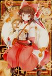  adapted_costume bare_shoulders boots bow brown_eyes brown_hair detached_sleeves funnyfunny gears hair_bow hair_tubes hakama hakurei_reimu japanese_clothes miko red_hakama solo steampunk touhou traditional_media 
