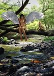  2002 angel_wings arms_at_sides barefoot breasts brown_eyes brown_hair bug collarbone commentary dated dragonfly feathered_wings foot_dangle forest highres in_tree insect lips long_hair looking_at_viewer matataku medium_breasts monkey nature navel nipples nude original outdoors river rock signature sitting sitting_in_tree solo spread_wings stream tree white_wings wings 