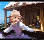  bad_id bad_twitter_id blonde_hair frog frog_hair_ornament green_eyes green_hair hair_ornament hair_ribbon hat hichiko kochiya_sanae kotatsu leaf leaf_on_head letterboxed long_hair moriya_suwako multiple_girls open_mouth purple_hair ribbon short_hair smile snow table touhou yasaka_kanako yellow_eyes 