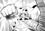  breasts cerebella_(skullgirls) cleavage clenched_hand female fist hat horns lipstick makeup monochrome open_mouth panties pointing skirt skullgirls underwear upskirt vice-versa_(skullgirls) 