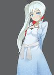  arms_behind_back blue_eyes haigyo jewelry long_hair looking_at_viewer necklace pendant rwby scar scar_across_eye side_ponytail solo weiss_schnee white_hair 