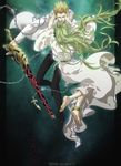  anklet barefoot bifanghuanshi blonde_hair chain ea_(fate/stay_night) earrings enkidu_(fate/strange_fake) enkidu_(weapon) fate/stay_night fate/strange_fake fate_(series) fur_coat gilgamesh green_eyes green_hair hair_slicked_back highres jewelry long_hair multiple_boys red_eyes 