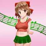  arms_behind_back bow breasts brown_eyes brown_hair crop_top hair_bow large_breasts midriff musical_note navel ribbon salamander_(team_7th) skirt smile solo 