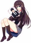  black_hair business_card cardigan dakimakura_(object) earrings formal green_eyes idolmaster idolmaster_cinderella_girls jewelry long_hair necklace necktie pillow ponkotsu_(ayarosu) producer_(idolmaster_cinderella_girls_anime) school_uniform shibuya_rin suit 