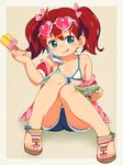  bikini bikini_under_clothes brown_hair cellphone child feet flat_chest food green_eyes jacket knees_together_feet_apart licking_lips long_hair magazine off_shoulder om_(nk2007) phone popsicle reading ribbon sandals saru_getchu sayaka_(saru_getchu) shorts sitting smartphone smile solo sunglasses swimsuit swimsuit_under_clothes toenail_polish toes tongue tongue_out twintails unzipped 