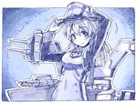  anchor_hair_ornament blue gloves hair_ornament hat kantai_collection long_hair looking_at_viewer machinery monochrome peaked_cap prinz_eugen_(kantai_collection) sakino_shingetsu sketch smile solo turret twintails 