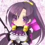  1girl artist_request chibi female fukushima_masanori kyoukaisenjou_no_horizon long_hair minigirl ponytail purple_eyes purple_hair solo spear weapon 