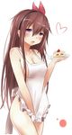  absurdres apron breasts brown_hair cake cleavage food hair_ornament hairband highres kantai_collection kisaragi_(kantai_collection) long_hair looking_at_viewer medium_breasts naked_apron open_mouth plate purple_eyes saku_(kudrove) smile solo strawberry_shortcake 