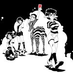  4girls ball centaur football from_behind hooves horse limbless looking_back monochrome monster_girl multiple_girls pointy_ears red_card simple_background soccer striped stripes tail zebra 