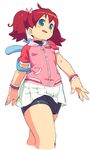  backpack bag bike_shorts brown_hair green_eyes highres jacket licking_lips long_hair om_(nk2007) saru_getchu sayaka_(saru_getchu) shorts shorts_under_skirt skirt smile solo tongue tongue_out twintails walking wristband zipper 