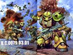  aircraft artist_name axe firing gun gundam komusai mecha mobile_suit_gundam official_art rocket_launcher smoke takani_yoshiyuki weapon zaku zaku_ii 