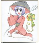  :d adjusting_clothes adjusting_hat bowl bowl_hat grey_eyes happy hat japanese_clothes kimono looking_at_viewer meguru_(mm-da) miracle_mallet needle obi open_mouth purple_hair sash shikishi short_hair sitting smile solo sukuna_shinmyoumaru touhou yokozuwari 