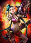  belt blue_hair braid bullet bullets jinx_(league_of_legends) league_of_legends lipstick long_hair makeup pink_eyes shorts single_thighhigh tattoo twin_braids weapon weapons wink 