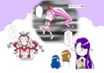  bent_over blue_hair brown_hair chibi comic crossover cure_blossom glasses heartcatch_precure! highres kamen_rider kamen_rider_kabuto kamen_rider_kabuto_(series) kijinaka_mahiro kurumi_erika magical_girl multiple_girls myoudouin_itsuki o_o parody pink_hair precure purple_hair running speech_bubble sweatdrop text_focus tsukikage_yuri 