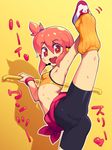  against_wall armpits bike_shorts breasts cameltoe commentary_request flexible handlebar headset latex leg_lift leg_warmers metata microphone open_mouth original outline pink pink_eyes pink_hair small_breasts solo sports_bra spread_legs sweat upper_teeth yellow_background 