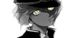  face green_eyes hat highres hotarumaru laila_(denbu3) male_focus monochrome parted_lips simple_background solo spot_color touken_ranbu upper_body white_background 