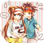  1boy 1girl black_legwear blue_eyes blush brown_eyes brown_hair double_bun foongus gen_5_pokemon hand_on_another's_shoulder heart heart_of_string highres in_palm jacket jewelry kyouhei_(pokemon) lack-two_(pokemon) long_hair looking_away mei_(pokemon) minku_(68101) necklace open_mouth pantyhose pokemon pokemon_(creature) pokemon_special raglan_sleeves short_hair shorts striped striped_background sweatdrop twintails vertical-striped_background vertical_stripes very_long_hair visor_cap whi-two_(pokemon) 