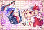  ascot bangle black_hair blonde_hair bow bracelet dress flandre_scarlet hat highres horns jewelry kijin_seija killing laevatein multicolored_hair multiple_girls one_eye_closed red_eyes red_hair ribbon short_hair side_ponytail smile streaked_hair tongue tongue_out touhou upside-down white_hair wings 