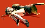  armor full_body green_eyes hair_flaps hat highres hotarumaru japanese_armor legs lying male_focus mocchiri_oyaji on_side ootachi red_background shoes shorts shoulder_armor simple_background sock_garters socks sode solo touken_ranbu 