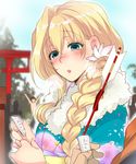  aoi_toori arrow blonde_hair blush braid brown_hair green_eyes hamaya japanese_clothes kimono kyoukaisenjou_no_horizon long_hair mary_stuart mitsugi new_year omikuji scar scarf single_braid solo_focus tenzou_crossunite 