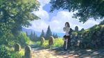  bag blue_sky brown_hair cloud day drinking drinking_straw forest leaning_back looking_at_viewer milk_carton nature original path pavement road scenery school_uniform shirt shoulder_bag skirt sky solo summer you_shimizu 